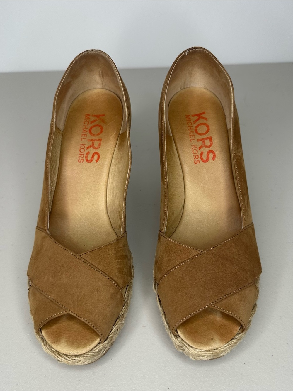 Michael Kors Leather Espadrille Wedge Peep Toe Pumps Women’s Size 7? Camel Brown